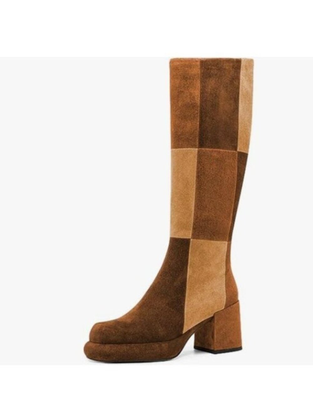 Miss left Brown Multi Platform Round Toe Chunky Heel Patchwork Knee High Boots